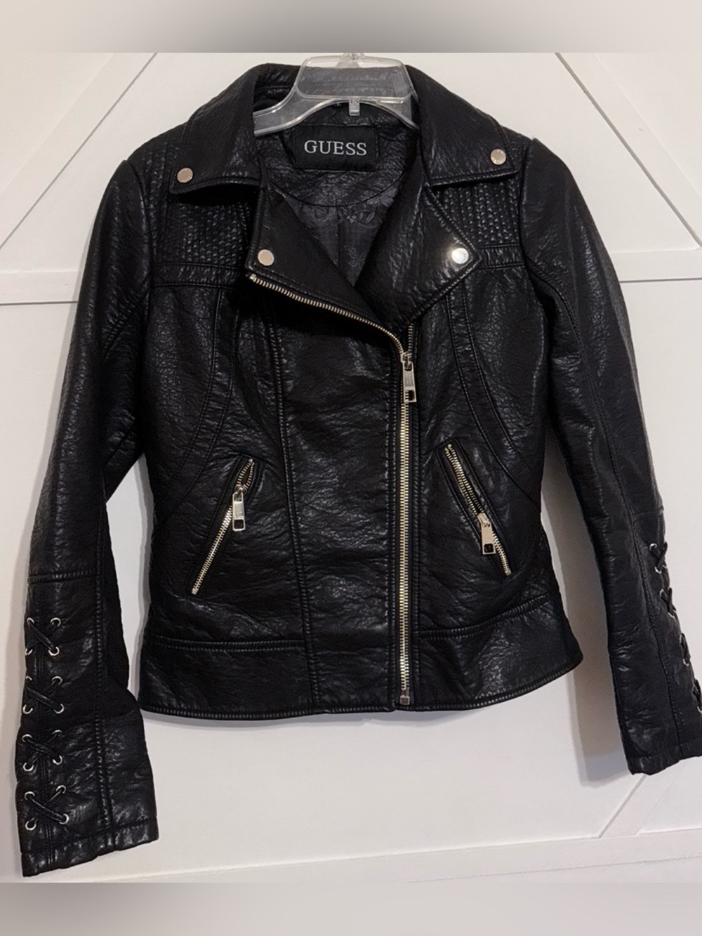 Guess Black Faux Leather Lace-Up Sleeve Moto Jacket